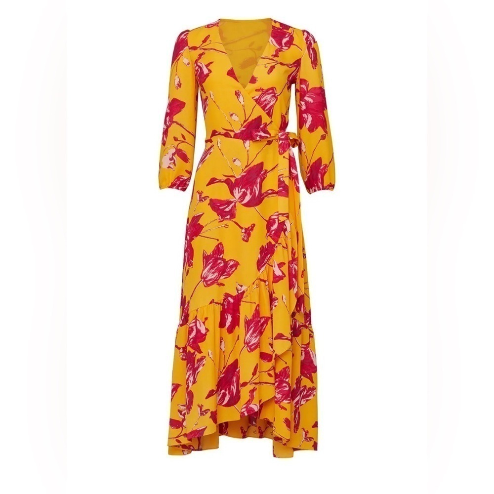 Color Me Courtney Eleanor Yellow Wrap With Pink Flowers Floral Dress Size Large